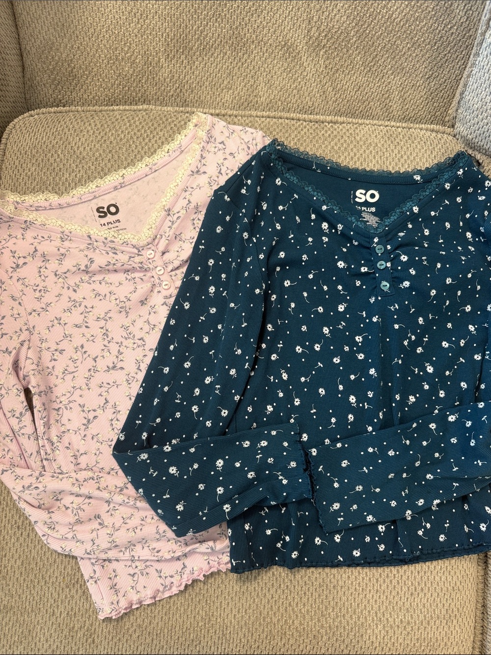 SO Girls' Floral Long-Sleeve Tops - Pink & Teal (2-Pack)